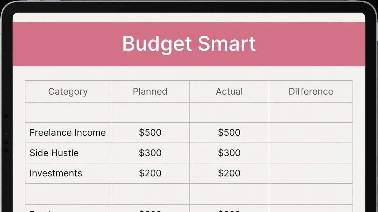 A close-up view focuses on a tablet screen showing an organized financial spreadsheet with clear rows. A soft rose-colored header bar features the words Budget Smart in bold white lettering.