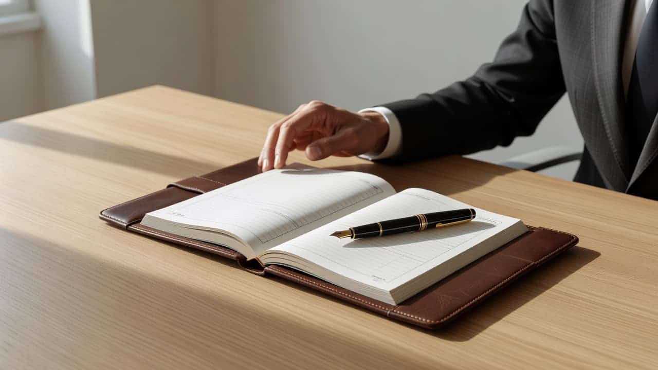 A refined leather planner rests on a smooth mahogany desk surface alongside a classic fountain pen. Soft ambient light illuminates the organized workspace, highlighting the fine texture of the leather.