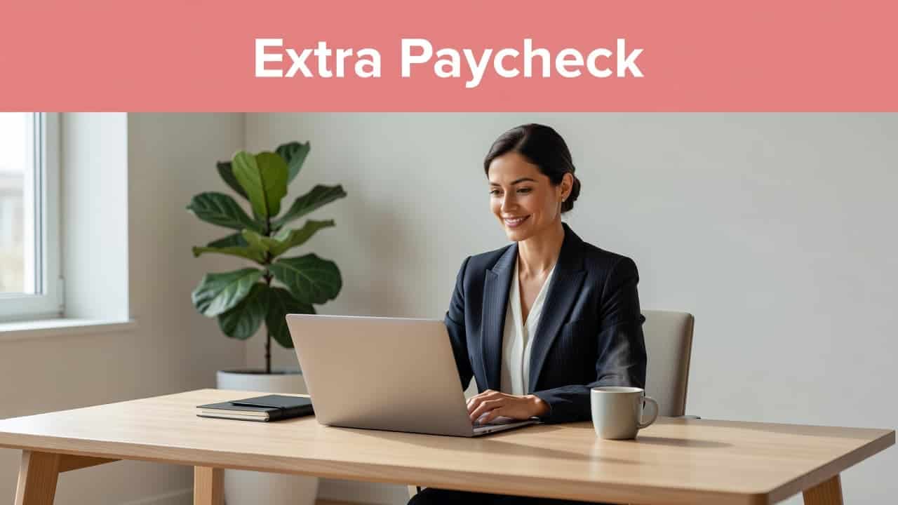 A focused woman reviews information on her laptop while sitting at a clean desk. Above her, a bold rose-colored banner features the text Extra Paycheck in clean, white, modern lettering.