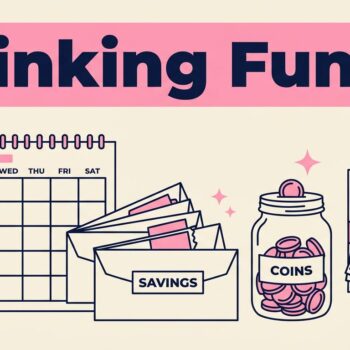 A calendar, savings envelopes, coin jar, and bills on a cream desk surface.