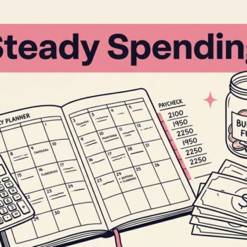 An open monthly planner, calculator, cash envelopes, and a buffer fund jar on a cream desk.