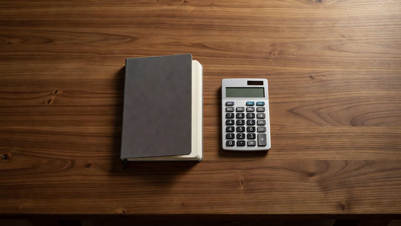 A neat wooden desk with a notebook and calculator from above.