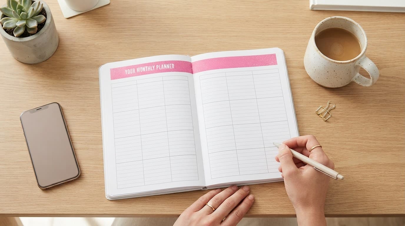 An open budget planner and coffee mug resting on a modern desk with a pink accent band.