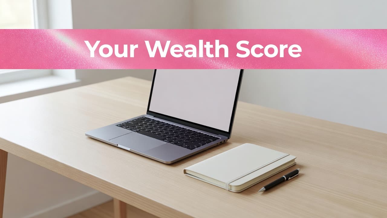 A clean desk with a laptop and notebook sits below a pink banner labeled with financial wealth scores.