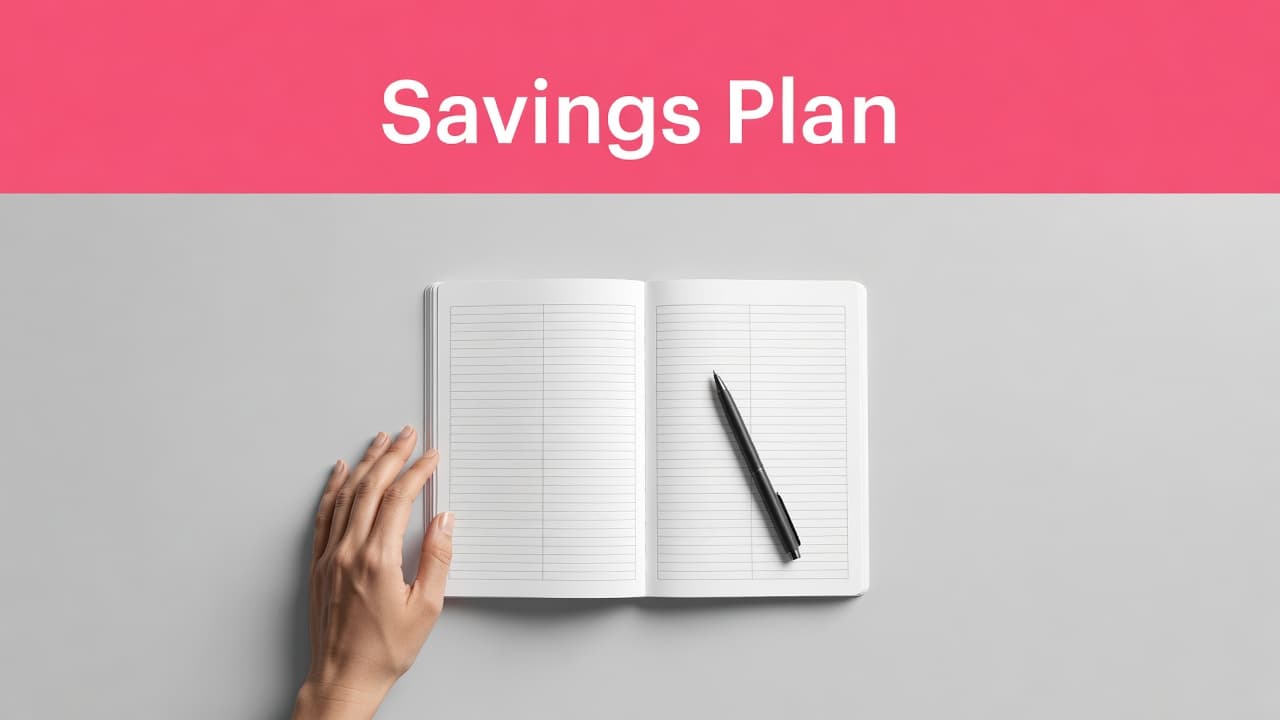 Top-down view of a minimalist desk with a planner, pen, and a rose color band.