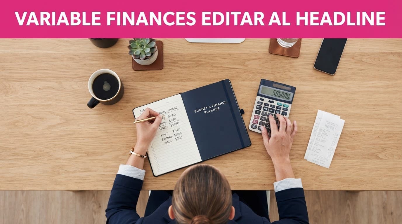 A woman planning her finances at a wooden desk with a notebook and calculator.