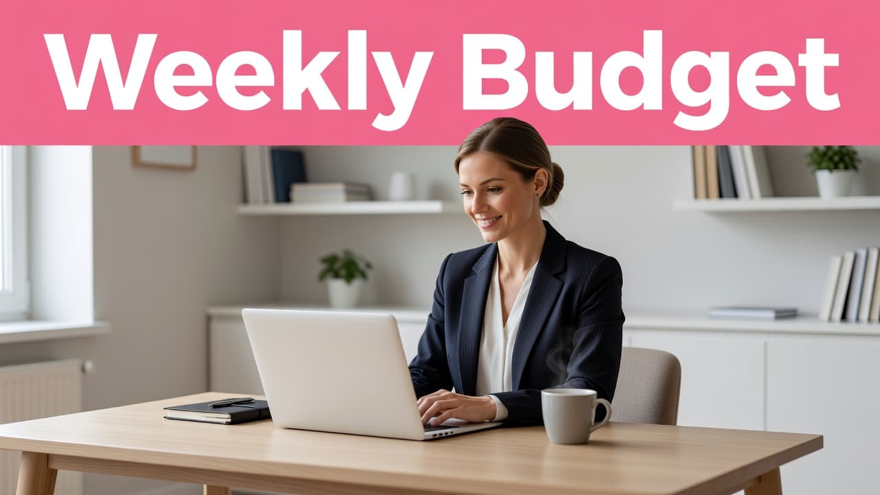 A woman sits at a minimalist home desk focusing on her laptop screen. A bold pink banner at the top reads Weekly Budget as soft daylight illuminates her tidy, organized workspace.
