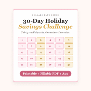 30-Day Holiday Savings Challenge cover: a 30-day savings grid, printable and fillable PDF plus app