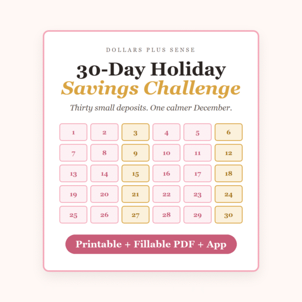 30-Day Holiday Savings Challenge cover: a 30-day savings grid, printable and fillable PDF plus app