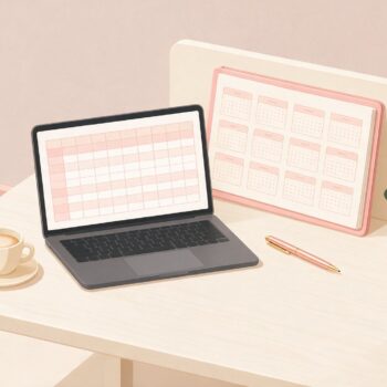 A laptop showing a twelve-column yearly budget spreadsheet beside a full-year wall calendar, a pen and a coffee cup