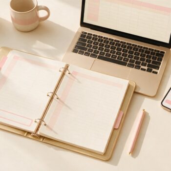 Budget binder, spreadsheet and budgeting app side by side on a cream desk: an open paper binder, a laptop with a pink spreadsheet grid and a phone showing budget progress bars