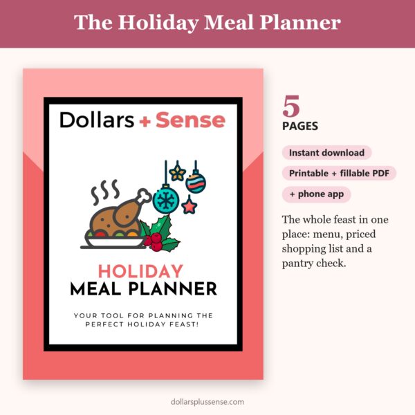 The Holiday Meal Planner cover with page count, instant download and app badges