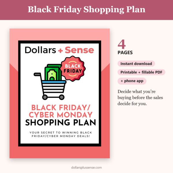 Black Friday Shopping Plan cover with page count, instant download and app badges