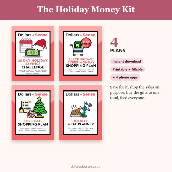 The Holiday Money Kit cover with page count, instant download and app badges