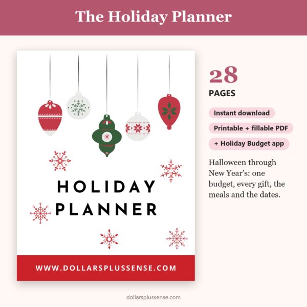 The Holiday Planner cover with page count, instant download and app badges