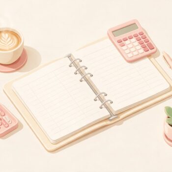 Overhead illustration of a monthly budget review desk: an open ring binder with blank budget columns, a pink calculator, a pen, a cup of coffee and a small plant on a cream background