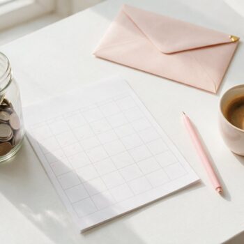 A glass jar of coins and folded bills beside a monthly tracker page with pink check marks, a pink pen, a blush envelope and a cup of coffee